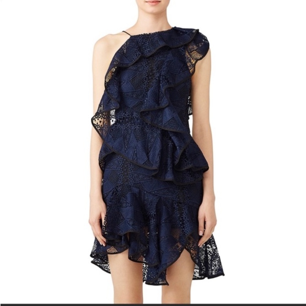 Acler Bentley Navy Blue Asymmetric Ruffle Lace Dress Size 4